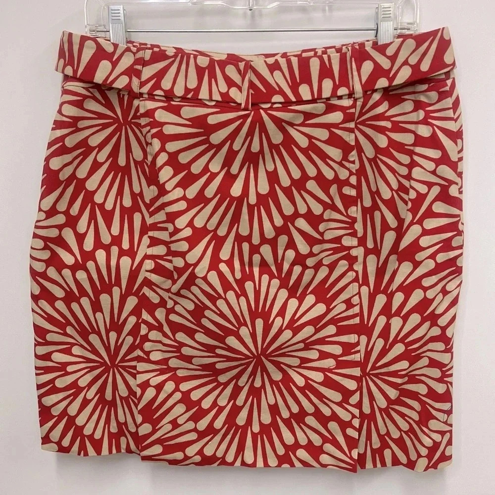 Talbots starburst pattern red and off white belted skirt, zipper pockets size 12 - Picture 2 of 12